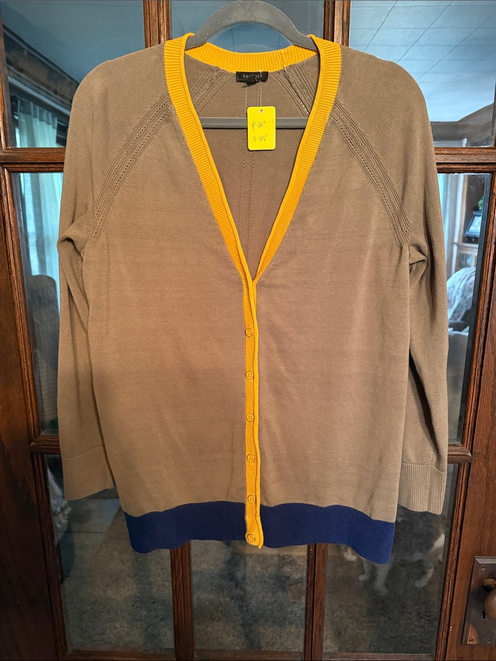 Talbots Taupe Cardigan with Yellow Trim and Navy Hem